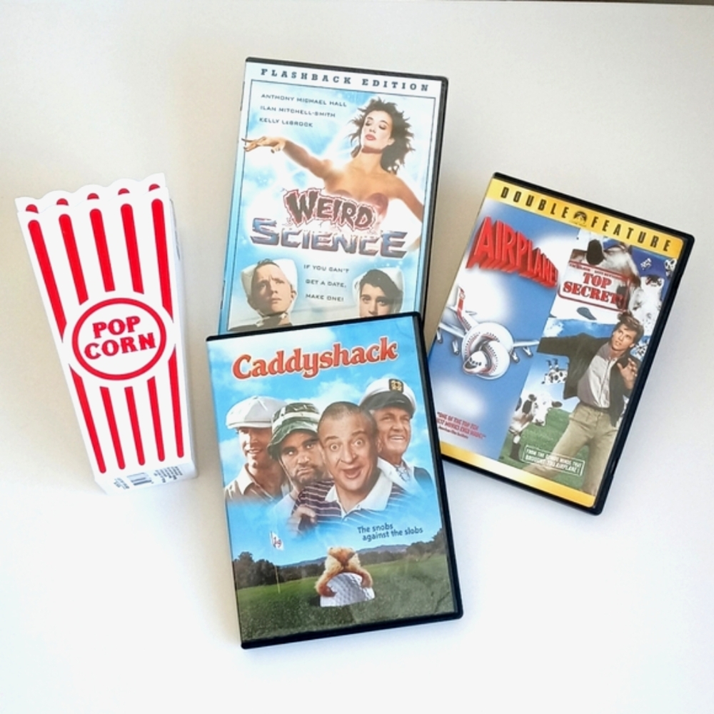 Set of 3 DVD 80s Comedy Bundle with Extras 2 New Reusable Popcorn Containers